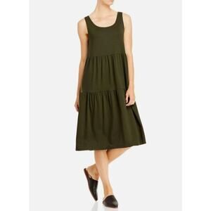 Eileen Fisher Jersey Sleeveless Tiered Midi Dress Seaweed Green XS Lagenlook